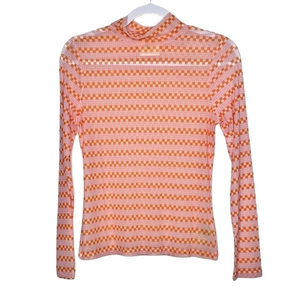𝅺Anthropologie Maeve Sheer Mesh Turtleneck Top Orange Geometric Print NWT - Picture 2 of 14